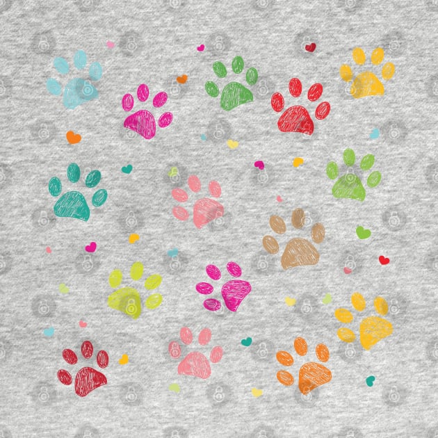 Colorful hand drawn doodle paw prints with hearts by GULSENGUNEL